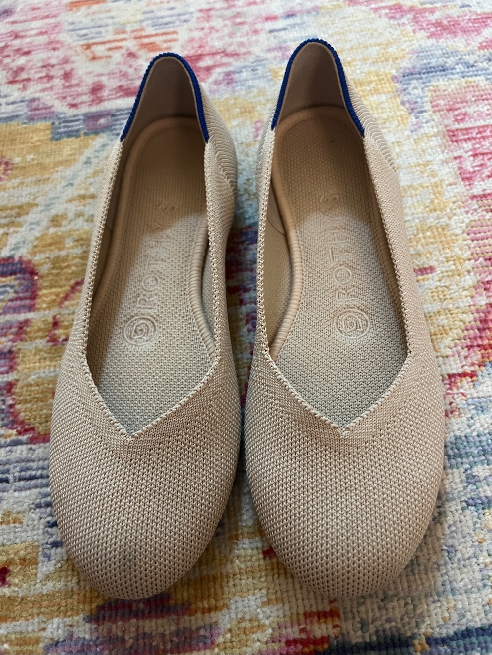 Rothy's Beige Knit Ballet Flats with Navy Heel Trim